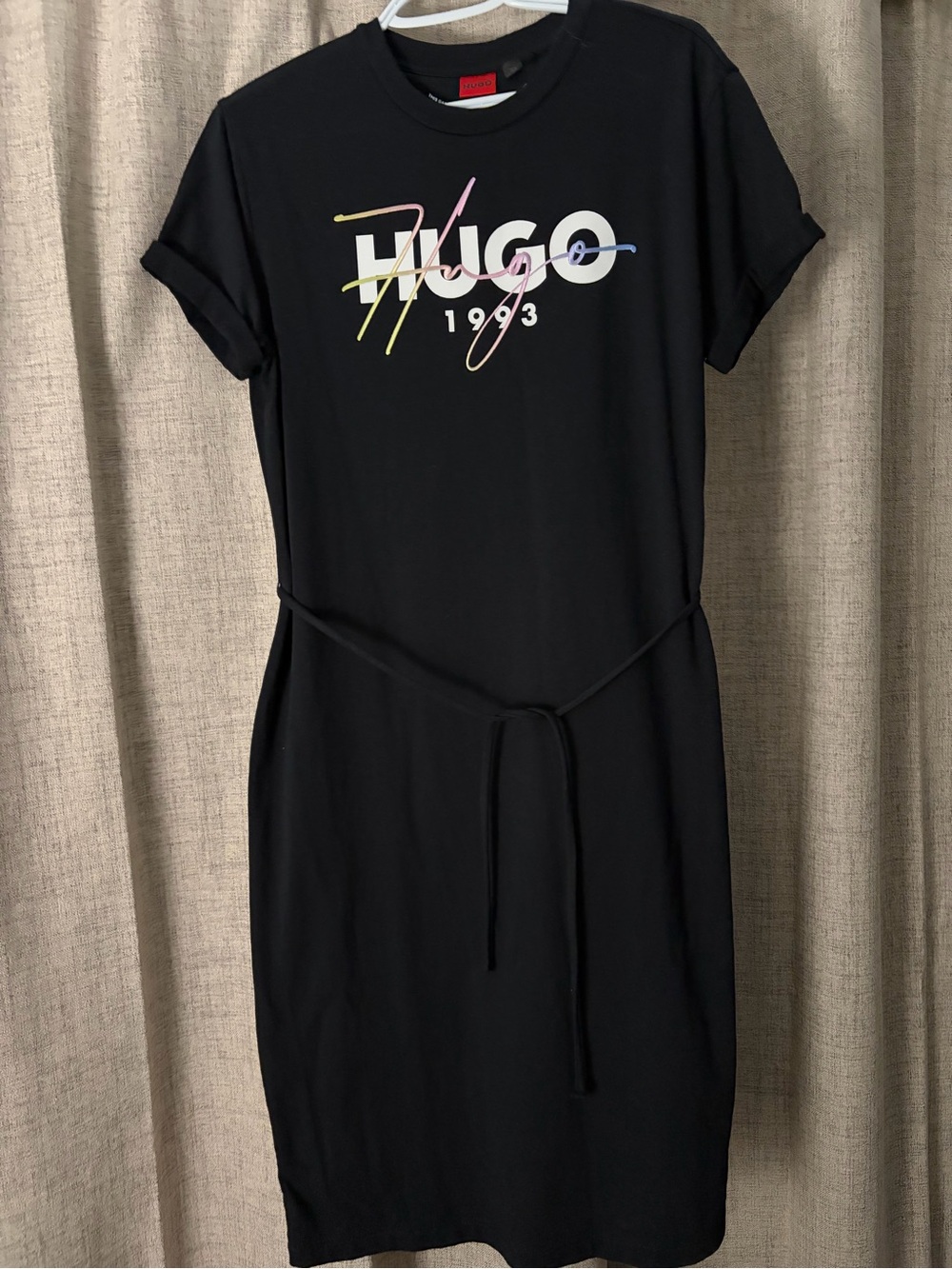 HUGO Black Midi T-Shirt Dress with Multicolor Logo